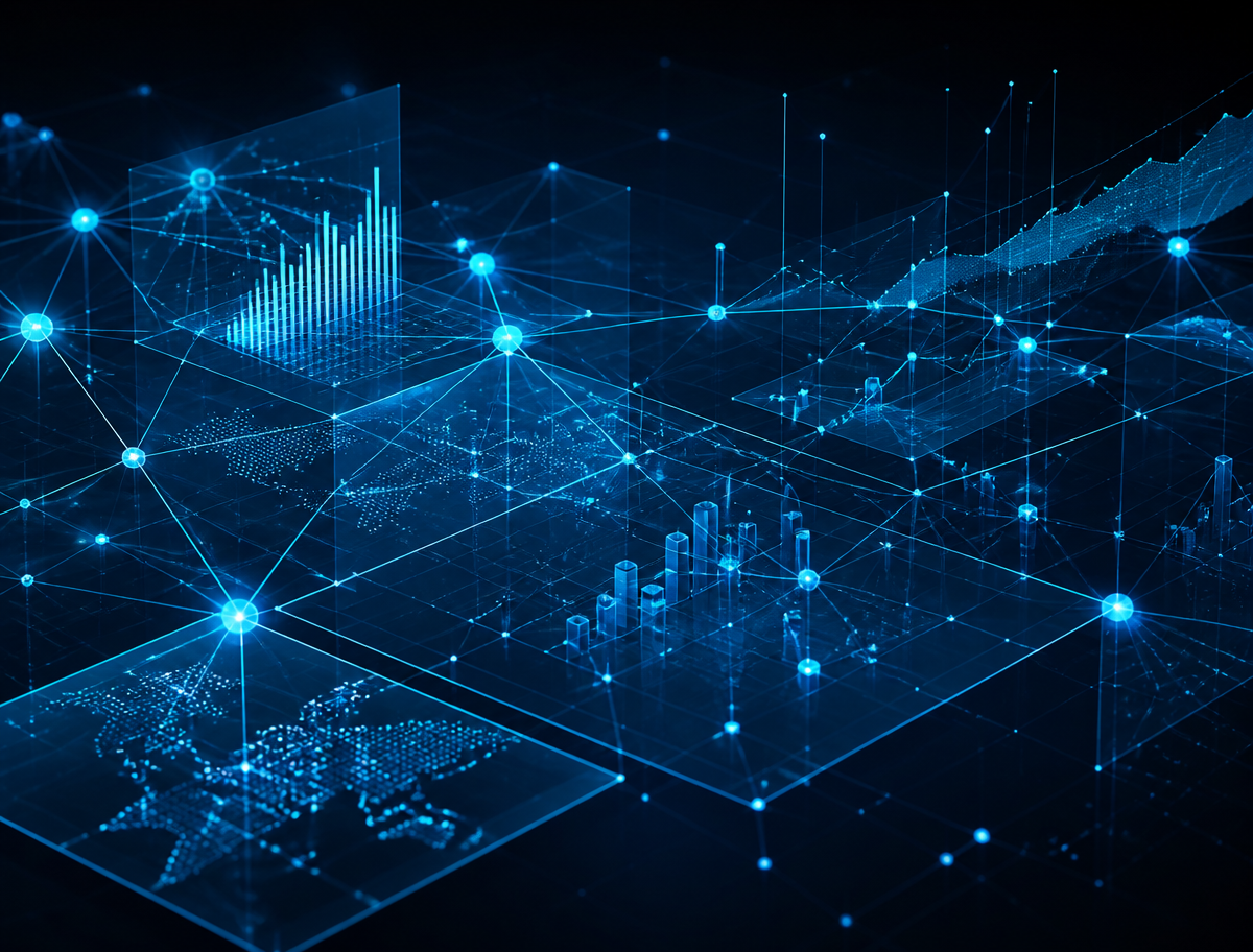 Abstract performance data network with charts and market signals